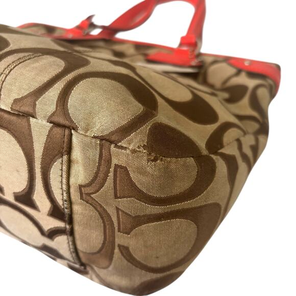 Coach Daisy Outline Signature Emma Tote Bag Khaki Orange Red Leather F24066 - Picture 8 of 13